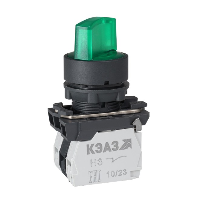 Переключатель КПЕ1110РЛ-24В-зеленый-1но-ручка-фикс-2поз-индикатор-IP40-КЭАЗ