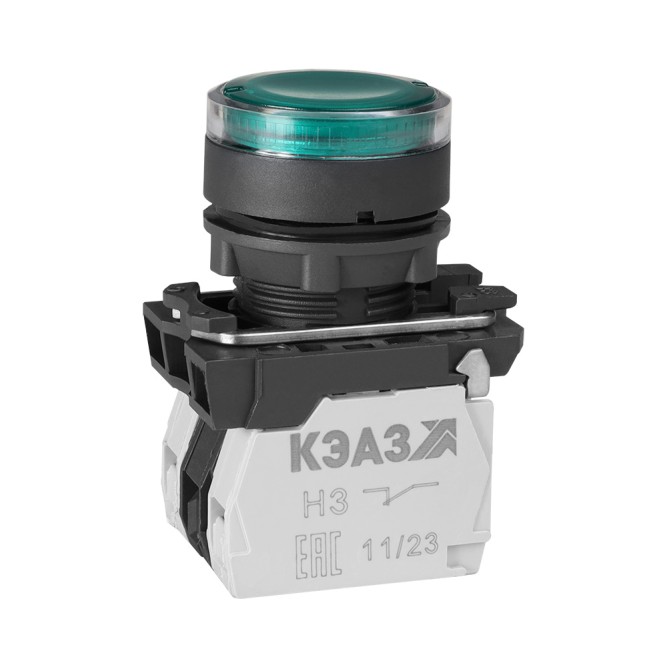 Кнопка КМЕ4611мЛ-24В-зеленый-1но+1нз-цилиндр-индикатор-IP65-КЭАЗ