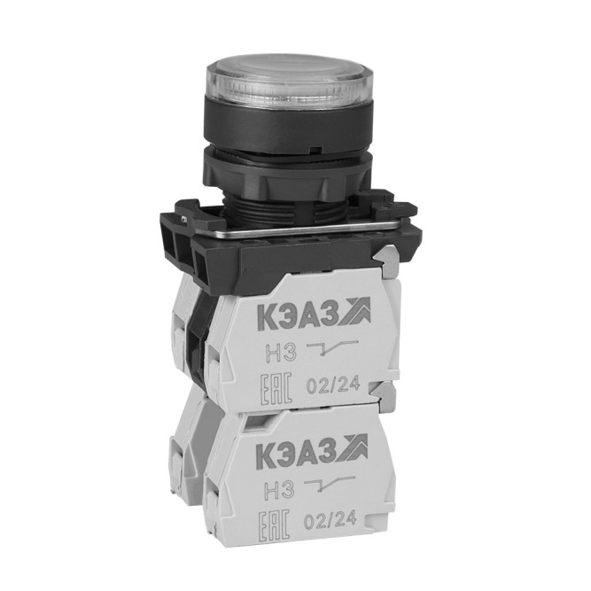 Кнопка КМЕ4622мЛ-24В-белый-2но+2нз-цилиндр-индикатор-IP65-КЭАЗ