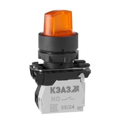 Переключатель КПЕ2120РЛ-24В-желтый-2но+0нз-ручка-фикс-3поз-индикатор-IP40-КЭАЗ